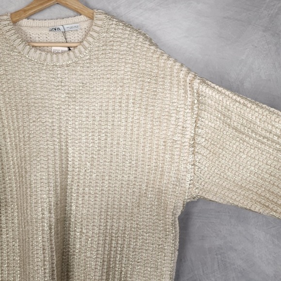 Zara Sweater Womens Large Gold Metallic Knit Oversized Pullover Crewneck Chunky - Picture 7 of 16